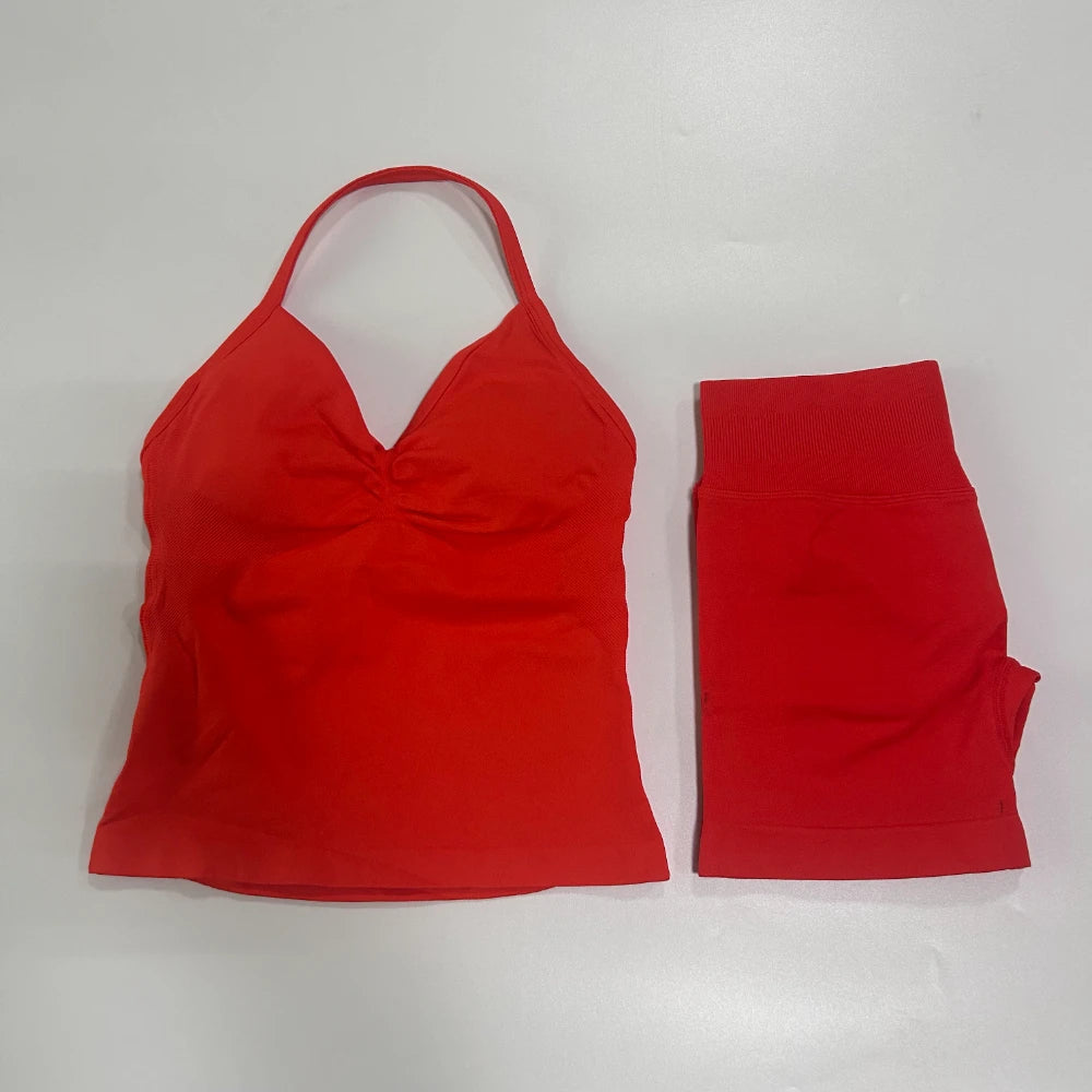 2 Pieces Sports Set Women Backless Tank Yoga Tops High Waist Scrunch Seamless Shorts Sport Gym Set Sportswear Workout Set