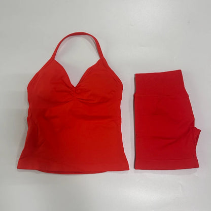 2 Pieces Sports Set Women Backless Tank Yoga Tops High Waist Scrunch Seamless Shorts Sport Gym Set Sportswear Workout Set