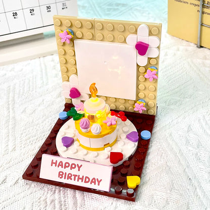 New Creative Building Block Bricks Happy Birthday Cake Blowing Candles Photo Wall Model DIY Assembly Kid Adults Couple Toys Gift