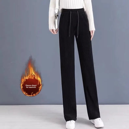 Thickened Fleece Wide Leg Pants Women's Casual Straight Cut Trousers Autumn Winter New Style High Waist Cotton Elastic Waist