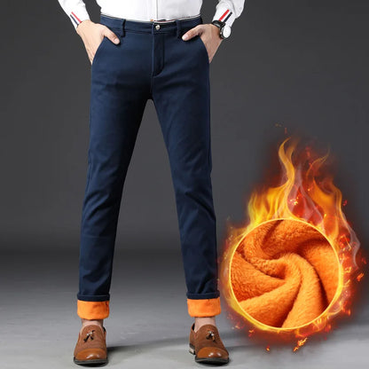 Men Winter Snow Warm Thermal Pants Straight Leg Cool Loose Pants Thicken Fleece Long Korean Business Blue Gray Khaki Trousers