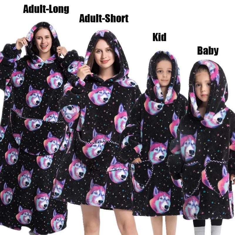 Halloween Family Matching Blanket Hoodies Women Cartoon Bear Dinosaur Sweatshirts Adult Oversized Warm Pullover Winter Clothes