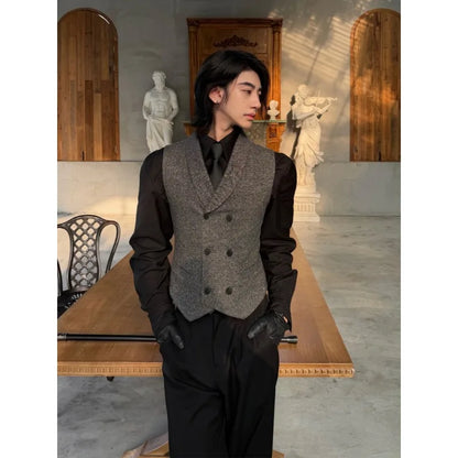 High Quality Men Stacked Wool Suit Vest Slim Retro Gentleman Dress