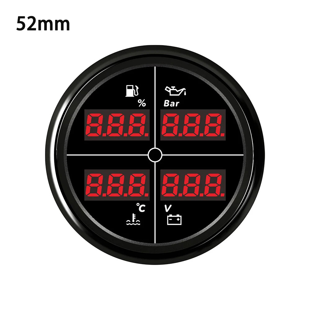 ELING Digital 52mm 85mm Car 4 in 1 Multifunction Gauge with Fuel Level Oil Pressure Water Temp. Voltmeter and 8 Colors Backlight