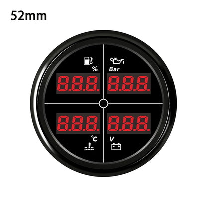 ELING Digital 52mm 85mm Car 4 in 1 Multifunction Gauge with Fuel Level Oil Pressure Water Temp. Voltmeter and 8 Colors Backlight