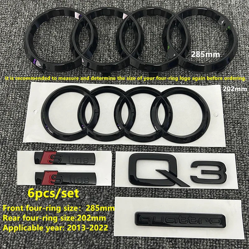 6/5Pcs 4Ring ABS Car Hood Front Grill Rear Trunk Emblem Stickers For Audi A3 A4 A5 A6 A7 Q2 Q3 Q5 Q8 S3 S4 S5 S6 RS3 RS4 RS5 RS6