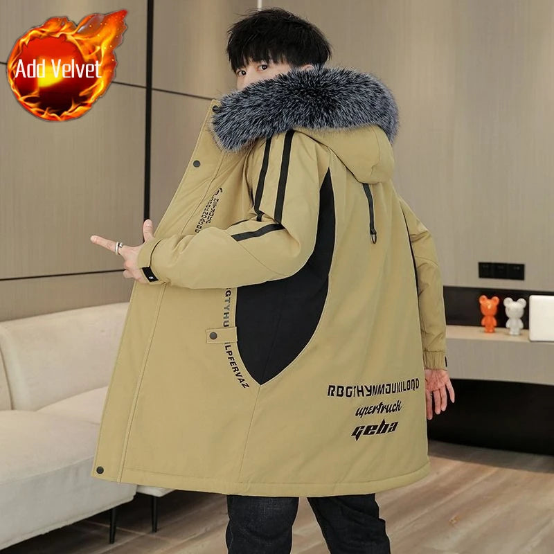 Men's Premium Hooded Long Coat Autumn Winter New Heavyweight Fleece Lined Warm Jacket Thickened Thermal Layering Design