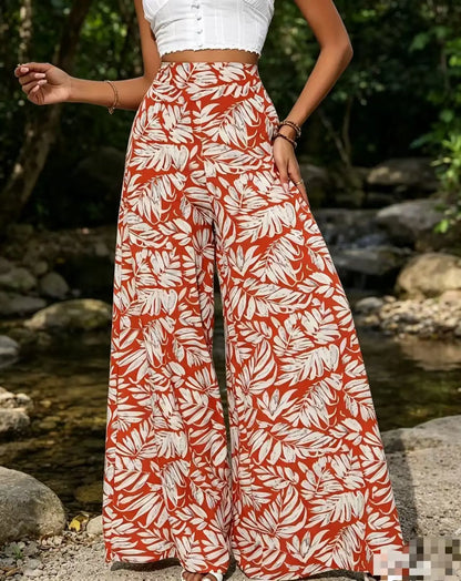 Women's Boho Tropical Leaf Print High Waist Wide Leg Pants Casual Loose Flared Trousers Elastic Waist Summer Beach Wear