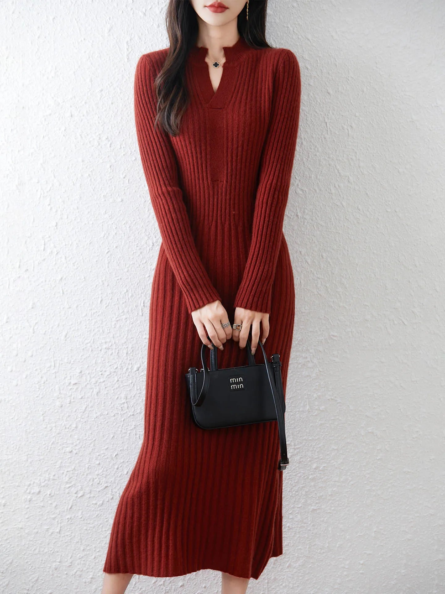 100% Merino Wool Long Dress Women's Open Neck Slim Fit Autumn Winter Casual Fashion Knitted Cashmere Waist Cinched Dress