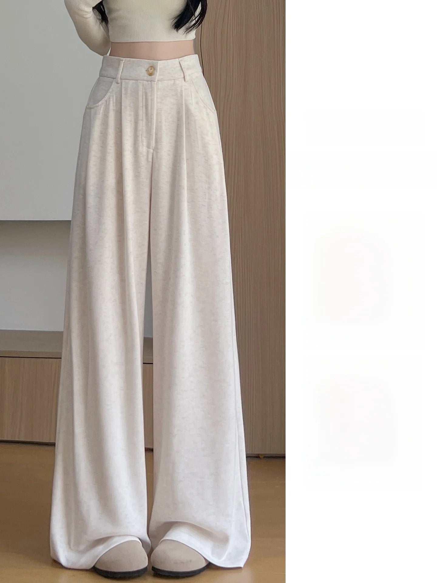 Korean Style High Waist Loose Fit Fleece Lined Wide Leg Pants Women's Autumn Winter New Arrival Straight Cut Trousers