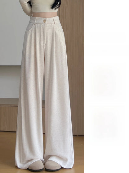 Korean Style High Waist Loose Fit Fleece Lined Wide Leg Pants Women's Autumn Winter New Arrival Straight Cut Trousers