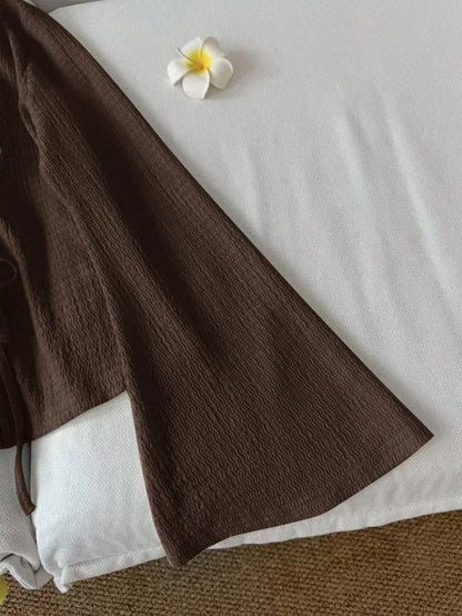Ladies' Spring and Autumn Winter Brown Texture V-neck Strap Loose Casual Long sleeved T-shirt Top