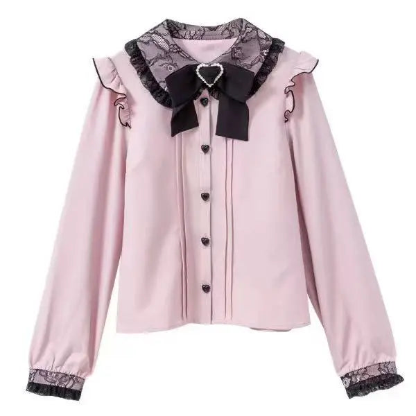 Jirai Kei Lolita Blouse Kawaii Top Women Cute Japanese Style Shirt with Bow Y2K Elegant Long Sleeve Sweet Casual Aesthetic Tops