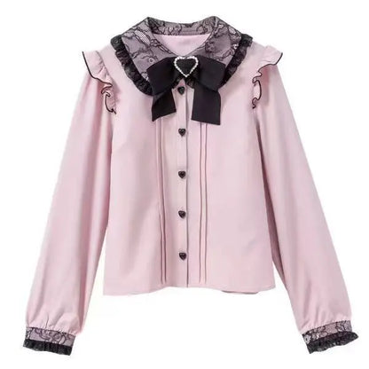 Jirai Kei Lolita Blouse Kawaii Top Women Cute Japanese Style Shirt with Bow Y2K Elegant Long Sleeve Sweet Casual Aesthetic Tops