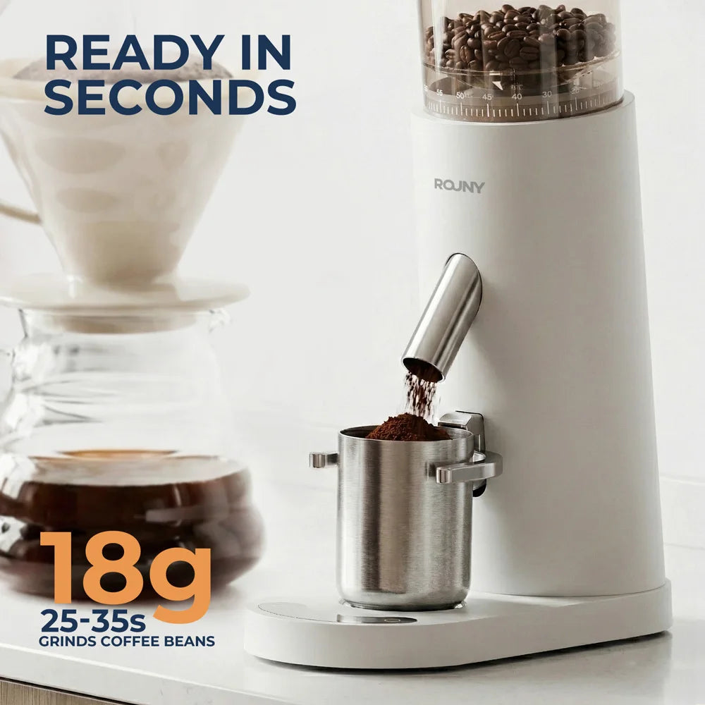ROUNY USB-C Rechargeable Coffee Grinder 60 Settings, 41mm Stainless Steel Burr, LED Touch, Cordless Portable, White