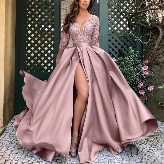 Sexy V-Neck Party Dress Long Evening Gown for Women Skin Leather Material Cotton 100% KTV Costume Suitable Scene