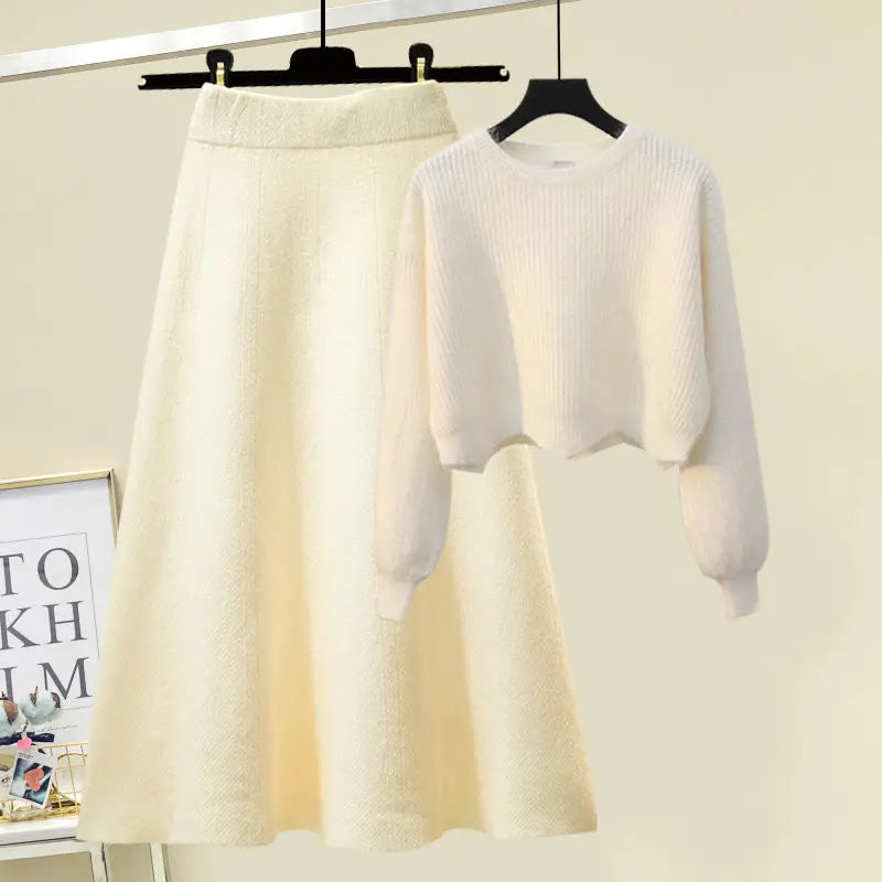 plus Size Women's Autumn Winter Knitted Sweater White Half-length Skirt Two-piece Set Slimming Concealing Anti-aging