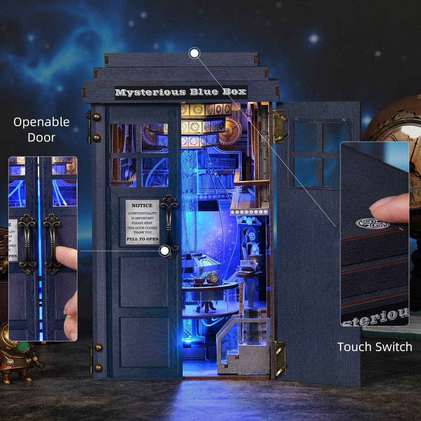 Book Nook Kit Blue Telephone Booth 3D DIY Wooden Puzzle Handmade Bookshelf Dollhouse Model Bookend Building Home Decoration