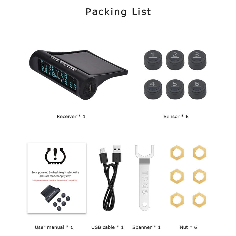 Solar Power TMPS LCD Display With 6 External Sensors For Truck Bus Car Tire Pressure Monitoring LCD Security Alarm