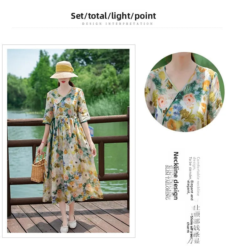 Women's Long Skirt Drawstring Waist Hemp Print A-Line Dress Korean Style Commute Flower Pattern V-Neck Summer Dress