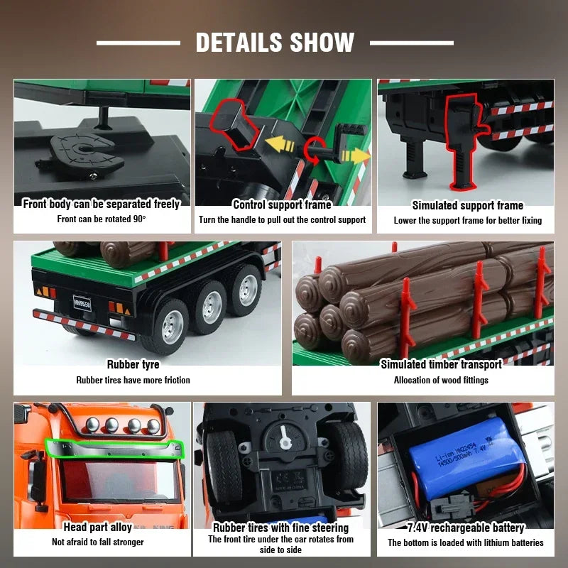 Huina 1313 1/18 9CH 2.4G Remote Control Timber Transport Truck Log Trailer Realistic Carrier RC Construction Logging Car Toys
