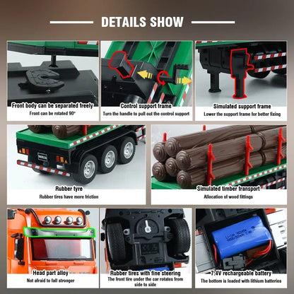 Huina 1313 1/18 9CH 2.4G Remote Control Timber Transport Truck Log Trailer Realistic Carrier RC Construction Logging Car Toys