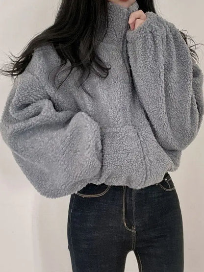 Korean Style Short Zipper Hoodie Women's Loose Fit Lamb Fur Vest Autumn Winter Streetwear Casual Long Sleeve Stand Collar Coat