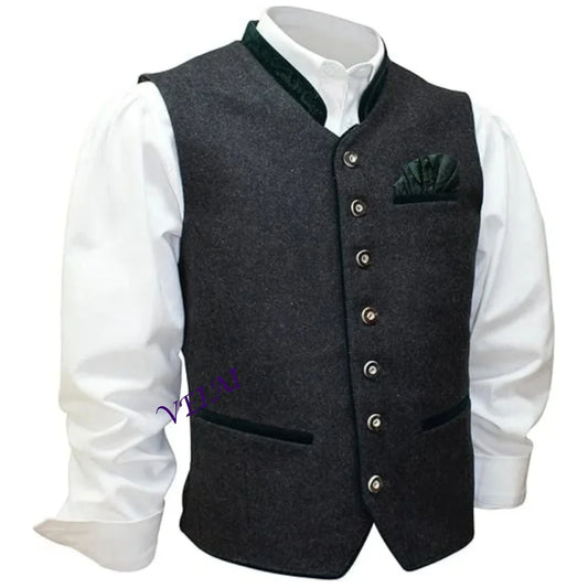 CustomizedMen's Elegant Loden Vest - Traditional Sleeveless Gilet w/ Brocade Pocket Square | Anthracite Grey Wedding Waistcoat,