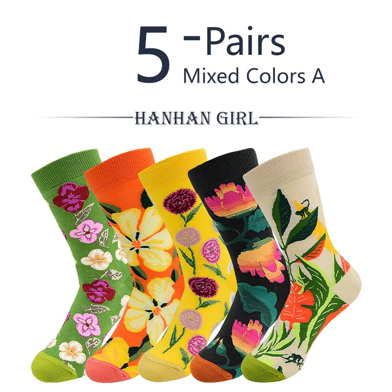 5 Pairs New Arrivals Combed Cotton Women Socks Unisex Cute Floral Styles 8 Color Happy Funny Casual Female Breathable Crew Socks