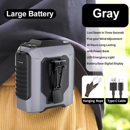 2026 Summer Waist Fan Portable Handheld Hanging Neck Fan Ultra-Strong Wind with Phone Charging LED Light for Outdoor Working