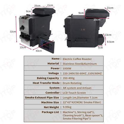 ITOP Coffee Roaster Artisan Connection IT-CBR-2 Electric Coffee Bean Roaster 4 Modes With Cooler Smoke Filter Roaster 500g 1000W