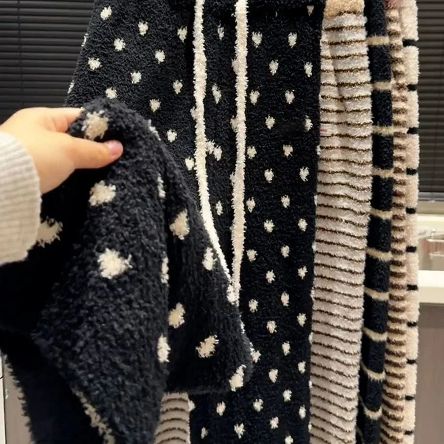 Cozy Coral Fleece Thickened High Waist Wide Leg Pants Women's Winter Home Leisure Trousers Stripe Pattern Soft Plush Sleepwear