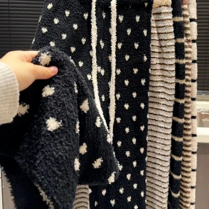 Cozy Coral Fleece Thickened High Waist Wide Leg Pants Women's Winter Home Leisure Trousers Stripe Pattern Soft Plush Sleepwear