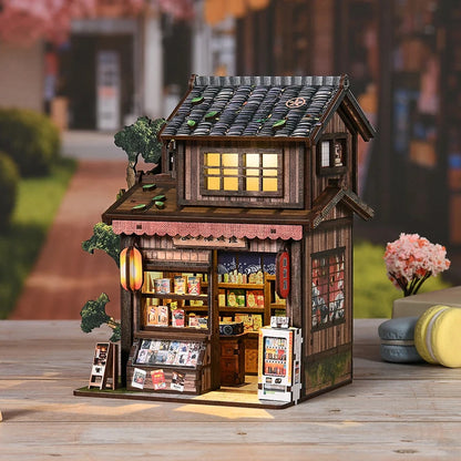 3D Japanese Grocery Store DIY Dollhouse Kit with LED Light Detailed Furniture Handmade Assembly Model Birthday Gift Home Decor