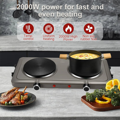 Sonifer 2000W Double Burner Electric Hot Plate SF-3052, Cast Iron, Variable Temp Control, Portable Countertop Stove