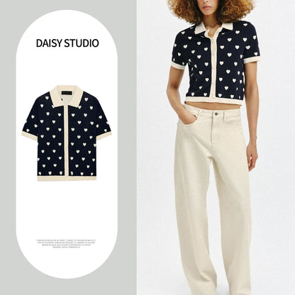 New Summer Women's Street Style  Shirt Turn-down Collar Short Sleeve Color Block Heart Pattern Embroidery Casual Top