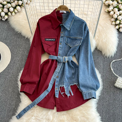 Retro Hong Kong Sle Casual Mid-Length Women's Denim irt with Belt Spring New Faion Chic Loose Fit Pure Color  Collar