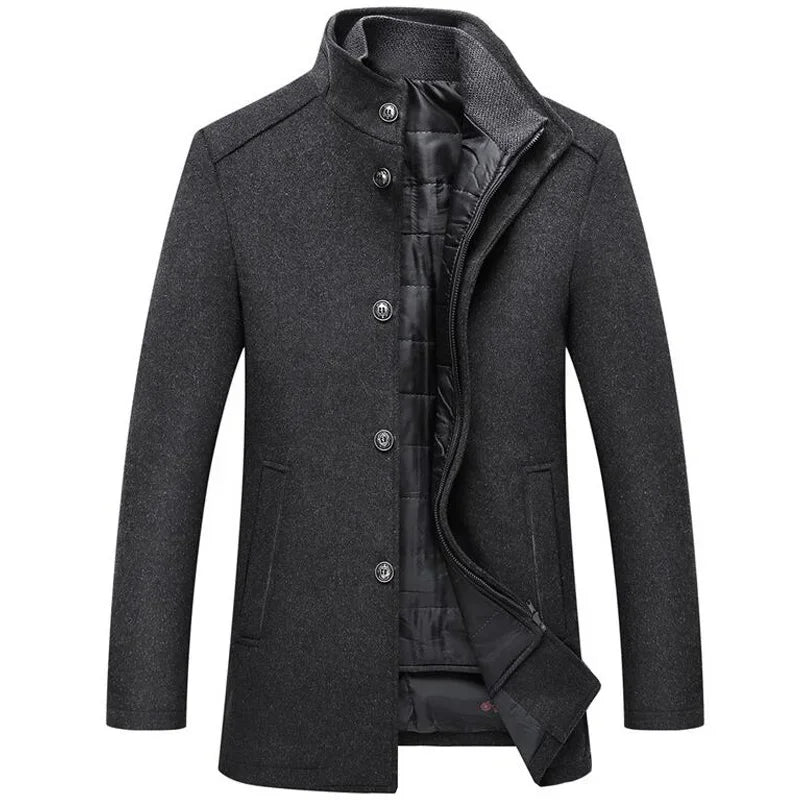 2026 Men Winter Windbreaker Long Thick Wool Jackets Abrigo Hombre Man Stand Collar Single Breasted with Vest Woolen Coats