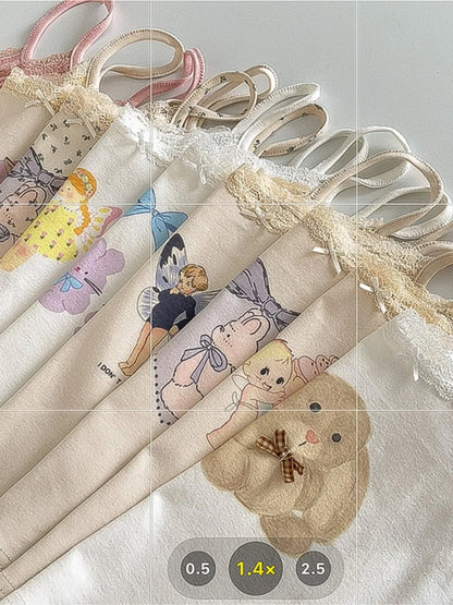 Cute Cartoon Lace Trim Tank Tops Women Summer New Slim Cotton Sleeveless Vests Vintage Sweet Preppy Style Camisole Y2K Clothes