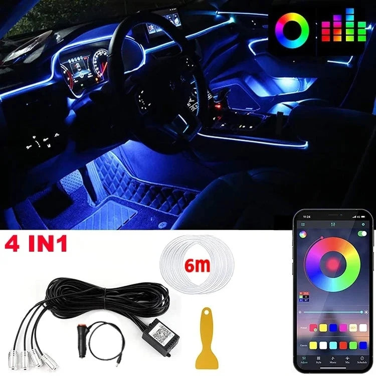 Smart RGB Neon Car Interior Lights Dynamic Atmosphere Custom Decor 12V APP Control Fiber Optic Ambient Lighting