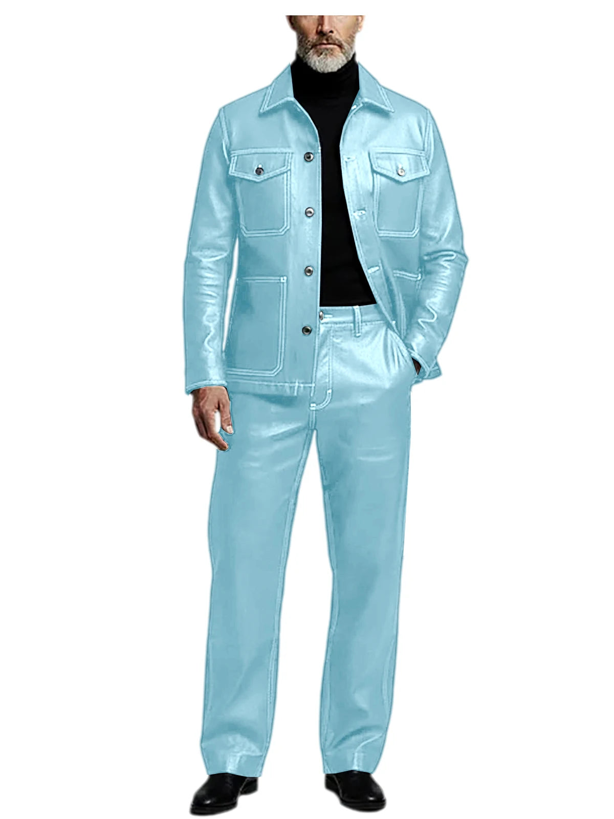 Men's 2 Piece PU Leather Suit Set Multi Pocket Shirt Collar Trucker Jacket Straight Leg Pants Business Casual Streetwear Outfits