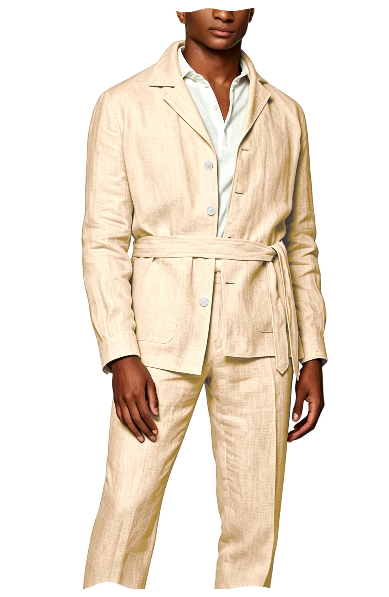 Men's Linen Belted Suit 2 Piece Set Casual Breathable Blazer & Pants Summer Lightweight Business Casual Outfit for Wedding Beach