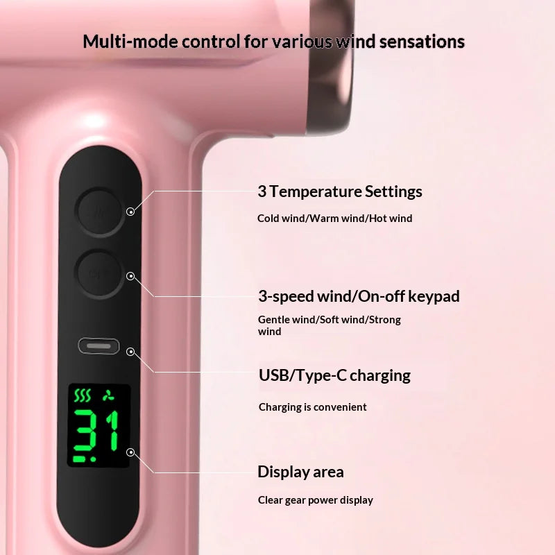 Portable USB Rechargeable Wireless Hair Dryer for Dormitories, High Wind Power for Students