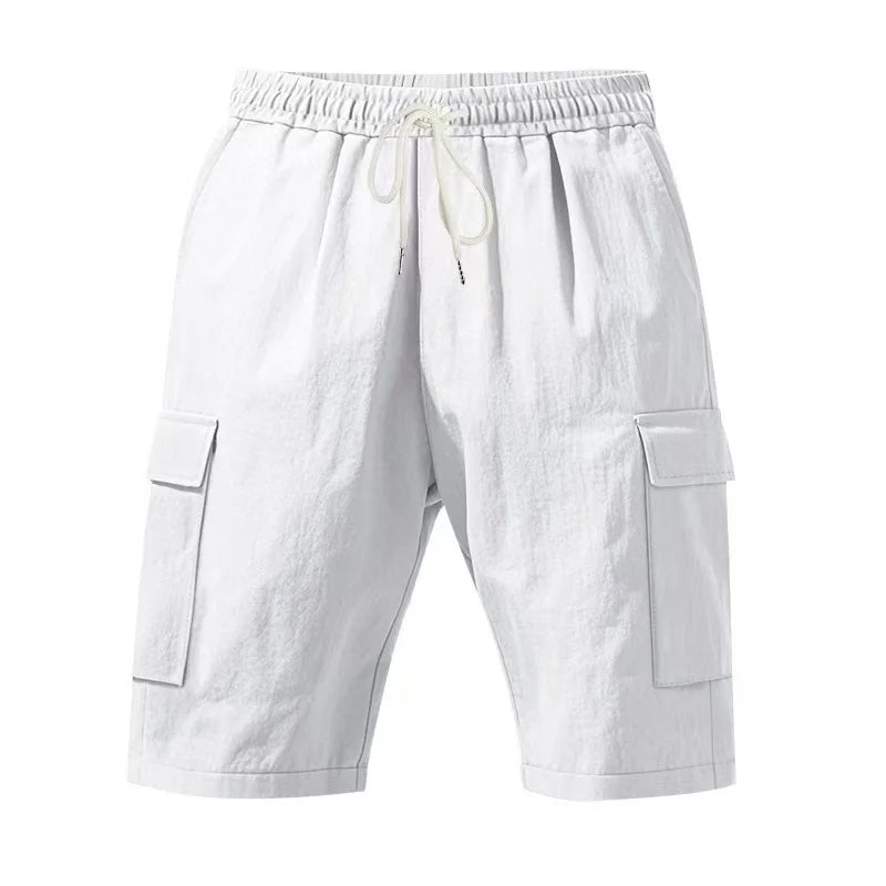 2026 New Summer Casual Cotton and Linen Pocket Solid-Color Shorts, Men's Lace-Up Fashionable and Comfortable Beach Cargo Pants