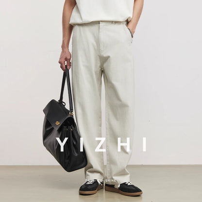 Men's Heavyweight 290g Minimalist Draping Wide Leg Pants Summer 100% Cotton Loose Commute Straight Casual Denim Long Pants