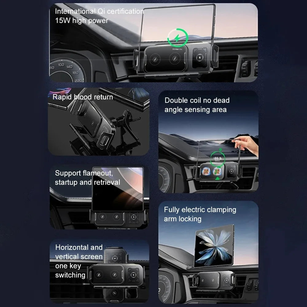 Rotation Universal 15W Car Phone Wireless Charger Holder Stand for Samsung Galaxy Fold 6 5 4 3 Z Flip S25 S24 iPhone 16 15