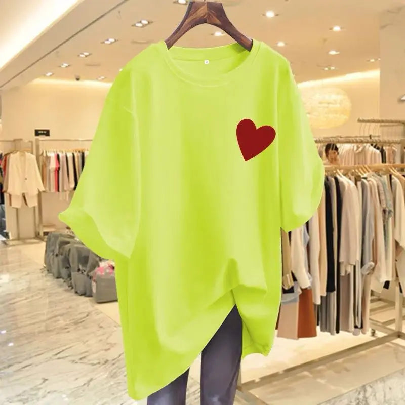 Women Fashion Pure Cotton Love Printing T-shirts Summer Casual Versatile O-neck Short Sleeve Top Tee Office Lady Basic Pullovers