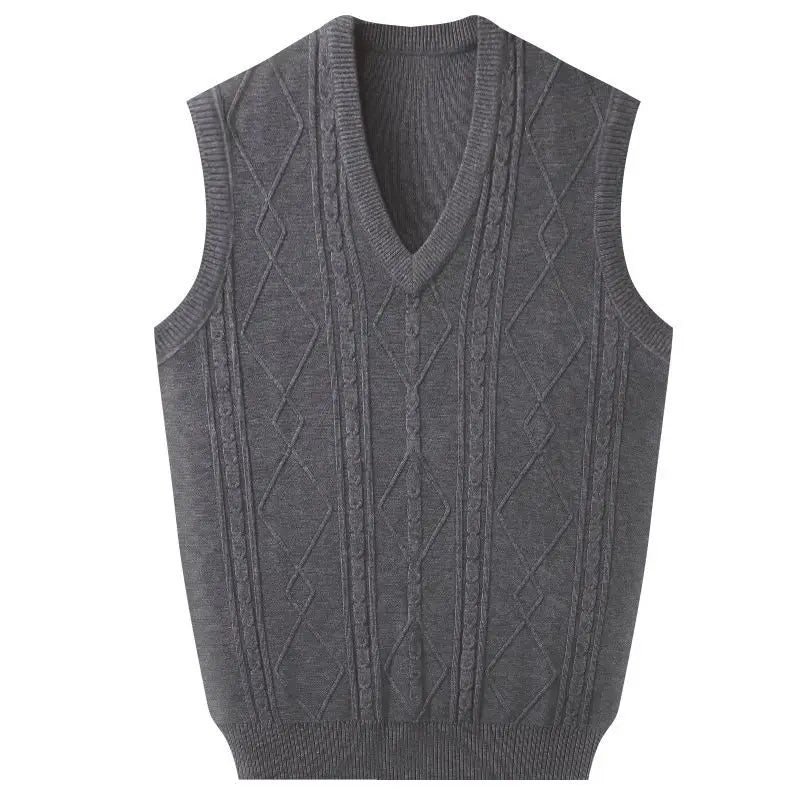 Business Jacquard Men's Sweater Vest Thick Knitted Solid Color Simple Pullover Autumn Winter Waistcoat