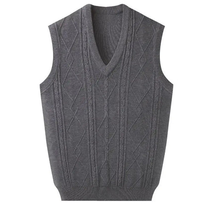 Business Jacquard Men's Sweater Vest Thick Knitted Solid Color Simple Pullover Autumn Winter Waistcoat