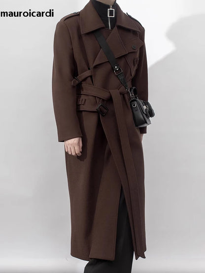 Mauroicardi Autumn Winter Cool Elegant Long Warm Black Woolen Trench Coat Men Belt Luxury Designer Clothes Wool Blends Overcoat